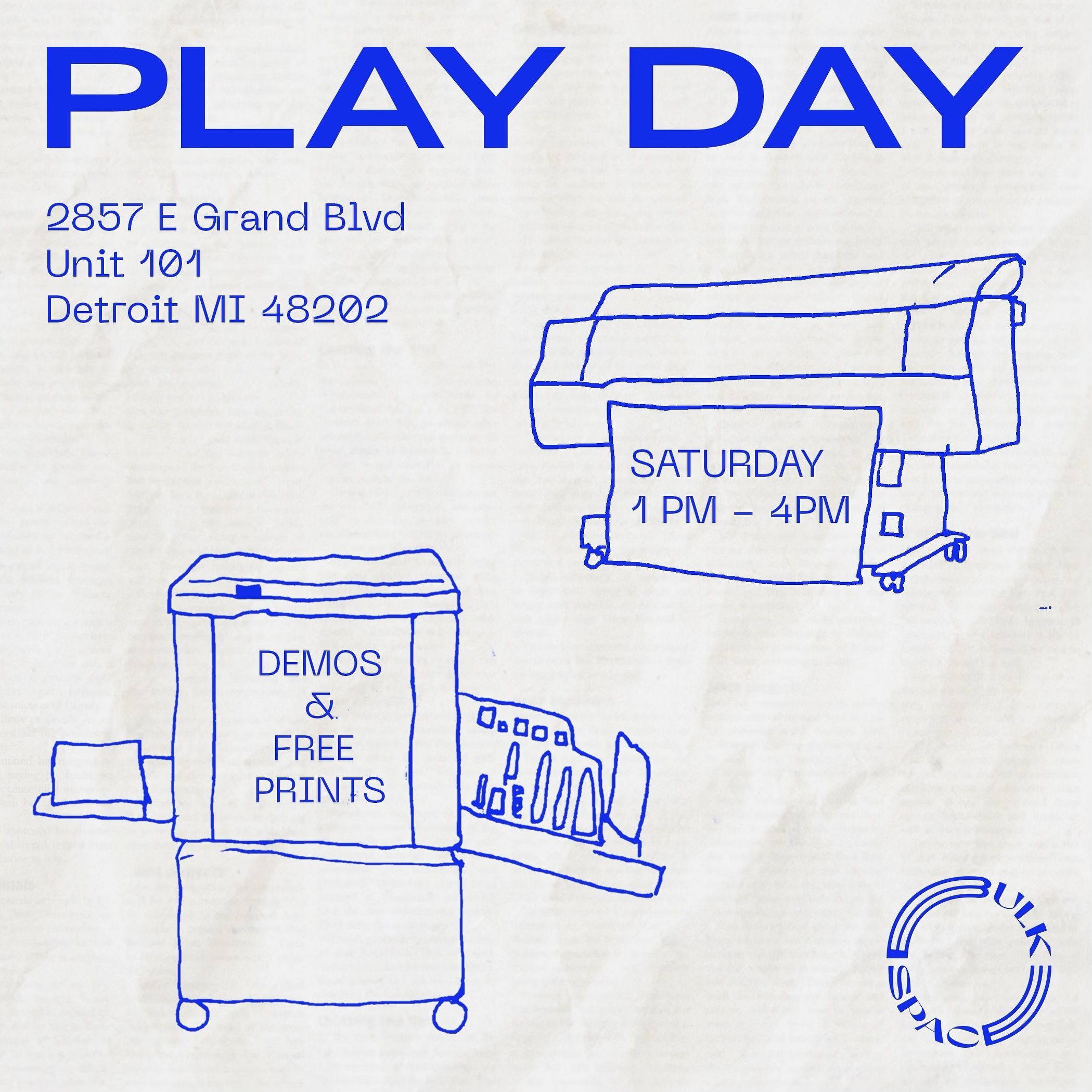 a blue drawing of a printer and a sign that says play day