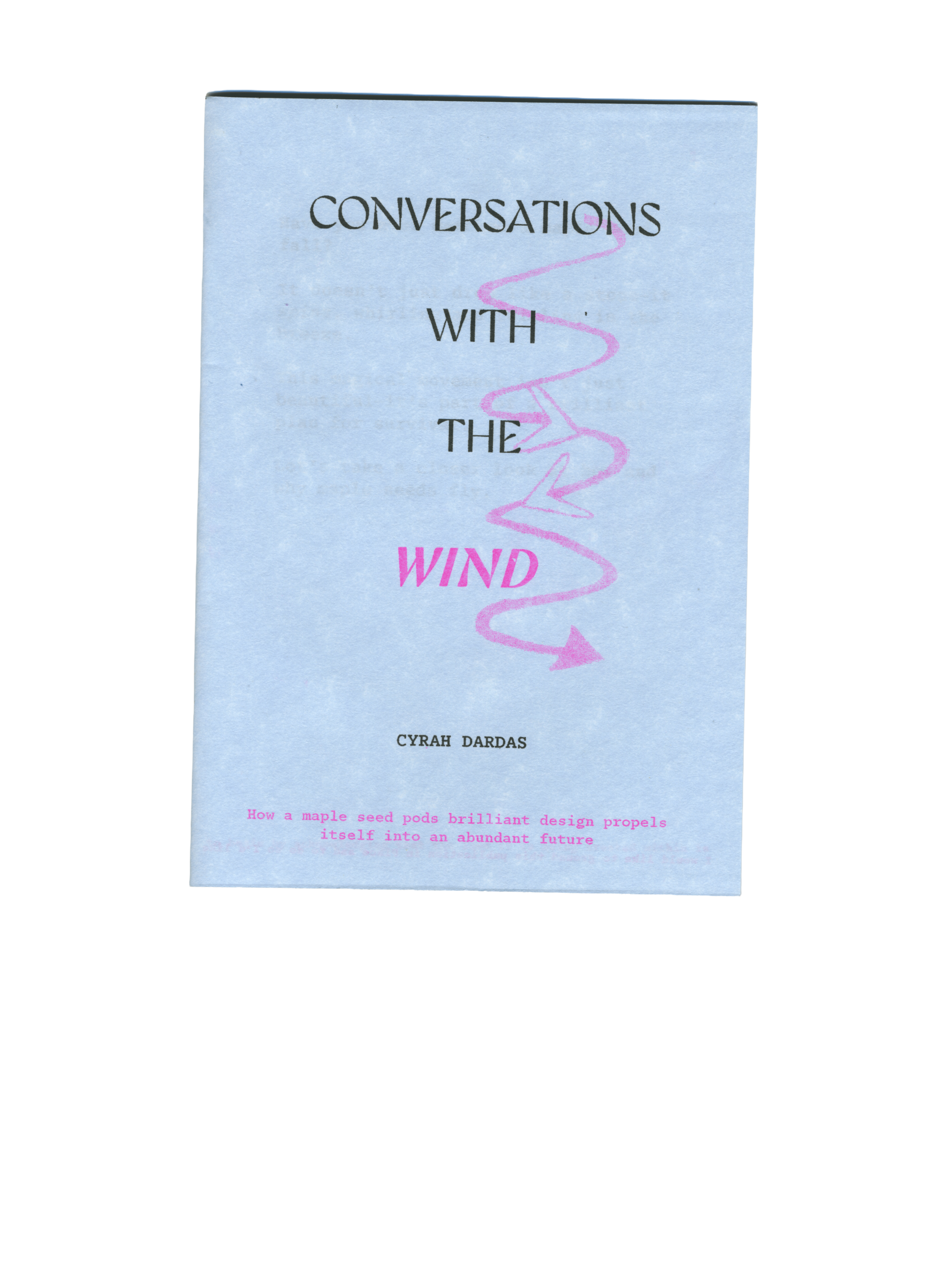 Light blue book cover for "Conversations with the Wind" by Cyrah Dardas, with a pink wavy line graphic and subtitle about maple seed pods.
