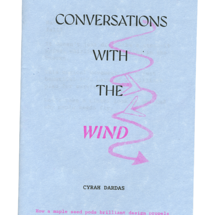 Light blue book cover for "Conversations with the Wind" by Cyrah Dardas, with a pink wavy line graphic and subtitle about maple seed pods.