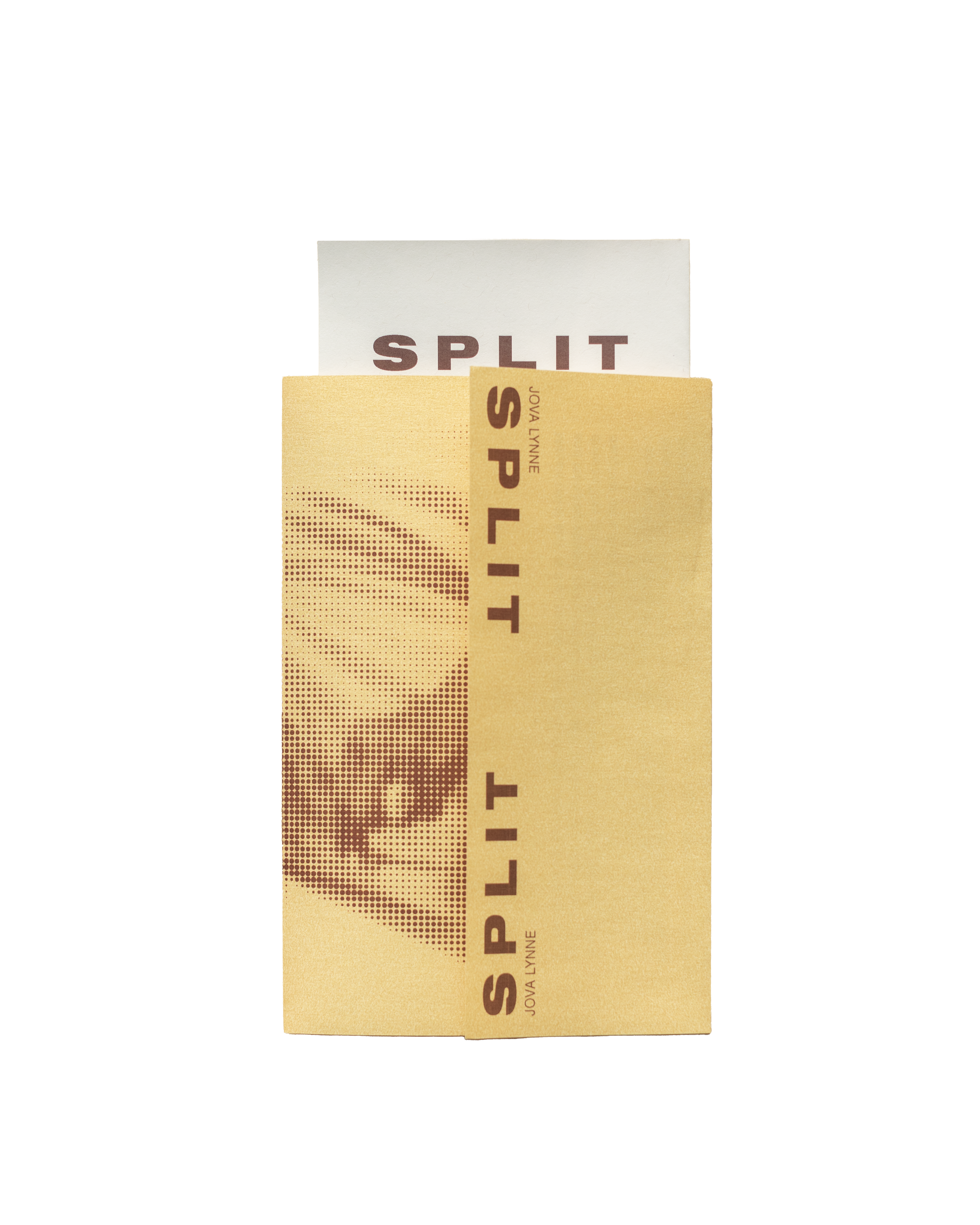 A tan-colored book with "SPLIT" vertically printed in brown and a halftone image of an eye, with a white book partially visible behind it also reading "SPLIT".