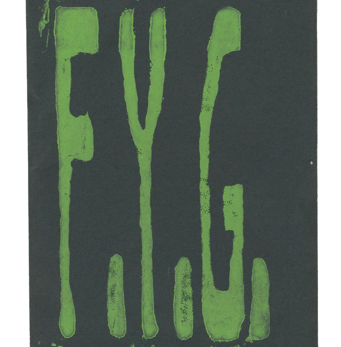 Dark grey rectangle with "F.Y.G." in dripping green letters.