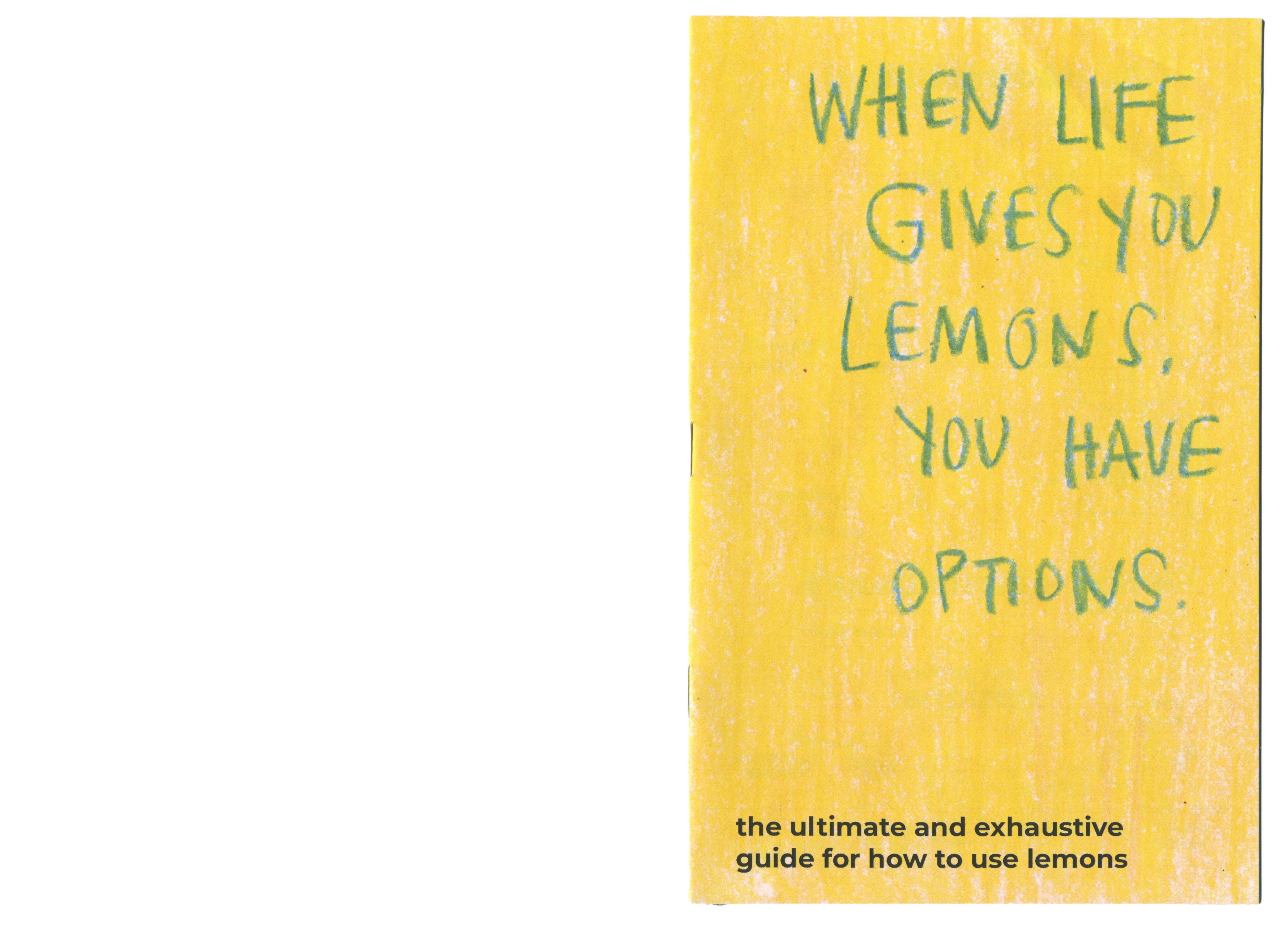 Yellow textured cover with green handwritten text that reads: "WHEN LIFE GIVES YOU LEMONS, YOU HAVE OPTIONS." Below it, smaller black text says: "the ultimate and exhaustive guide for how to use lemons."