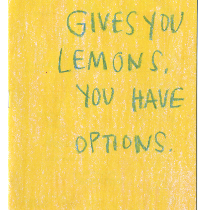 Yellow textured cover with green handwritten text that reads: "WHEN LIFE GIVES YOU LEMONS, YOU HAVE OPTIONS." Below it, smaller black text says: "the ultimate and exhaustive guide for how to use lemons."