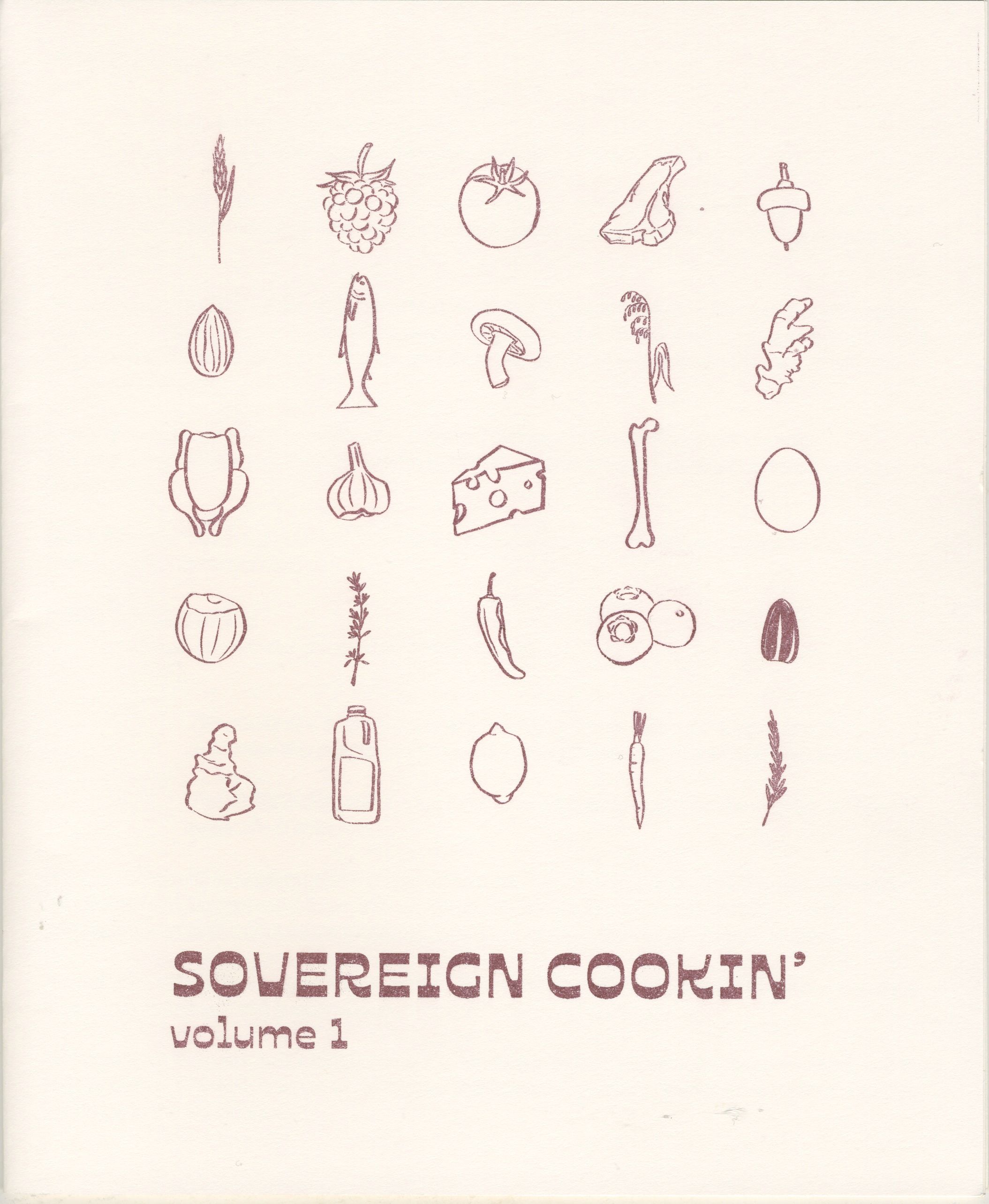 A grid of brown line-art illustrations of various food ingredients on a light background, with the text "SOVEREIGN COOKIN' volume 1" below.