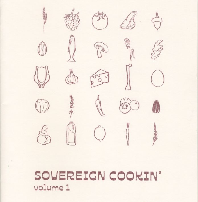 A grid of brown line-art illustrations of various food ingredients on a light background, with the text "SOVEREIGN COOKIN' volume 1" below.