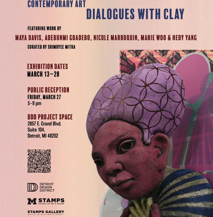 Exhibition poster for "LEGACIES Contemporary Art Dialogues with Clay," featuring a dark red clay bust of a person with a purple patterned head covering.