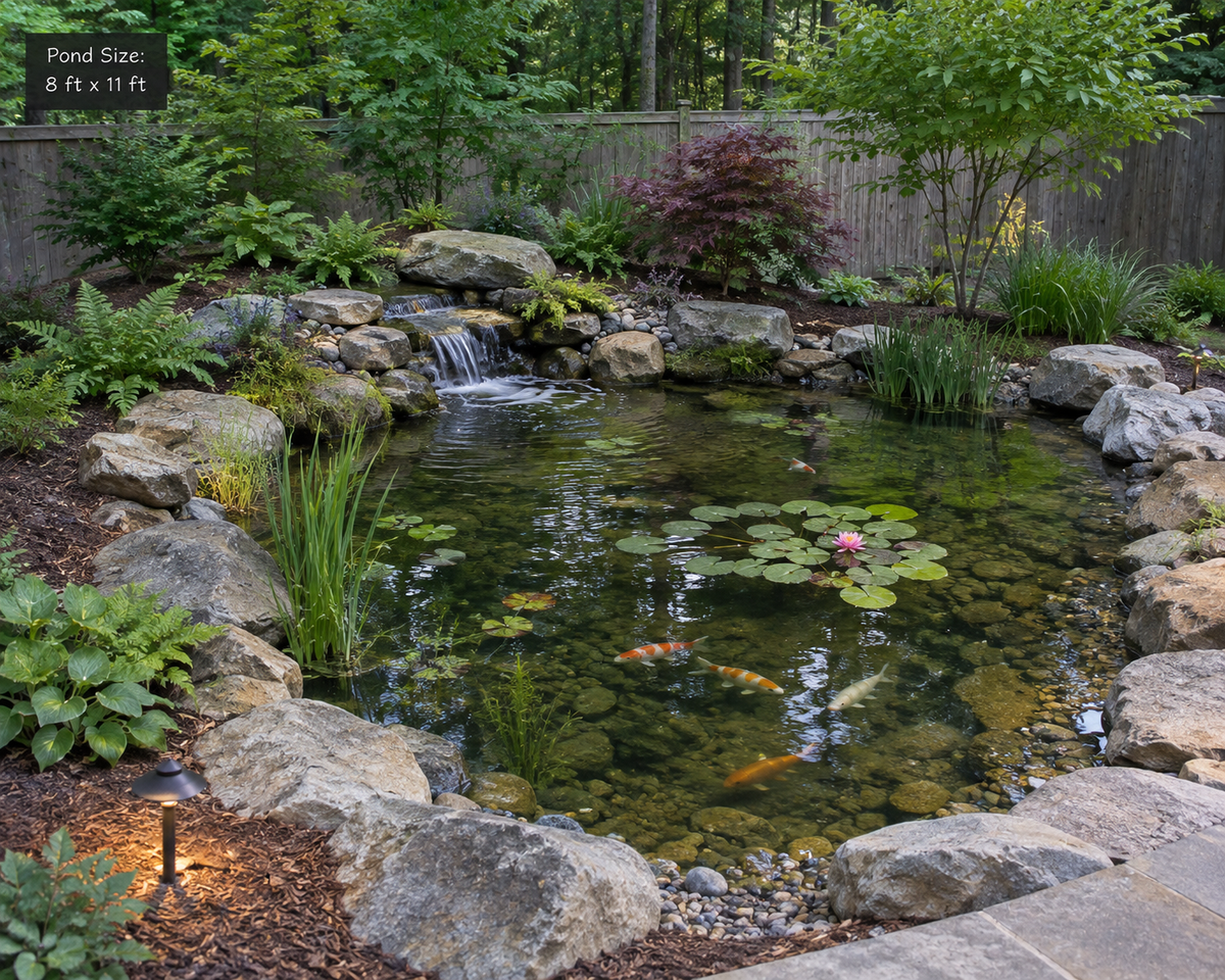 8 ft by 11 ft Aquascape system pond with waterfall, koi and water lilies