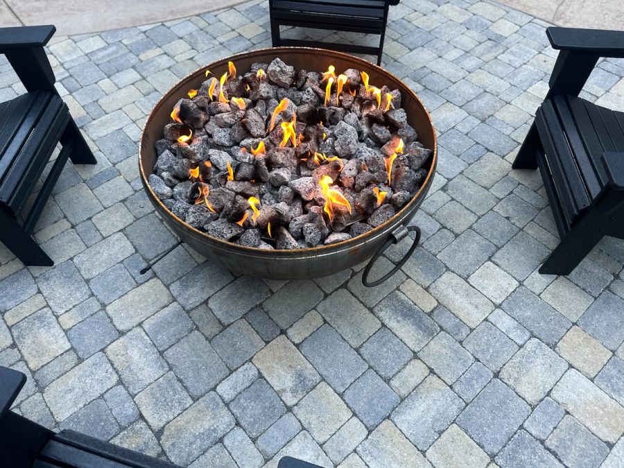 Firepit on hardscaped patio in East Boise