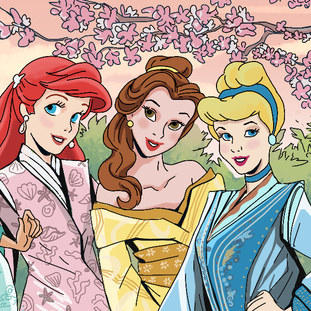 Three Disney princesses, Ariel, Belle and Cinderella wearing Kimono under a branch with cherry blossoms.
