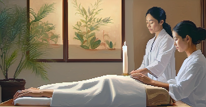 A practitioner performing Reiki on a patient in a peaceful, warmly lit room filled with candles and plants.