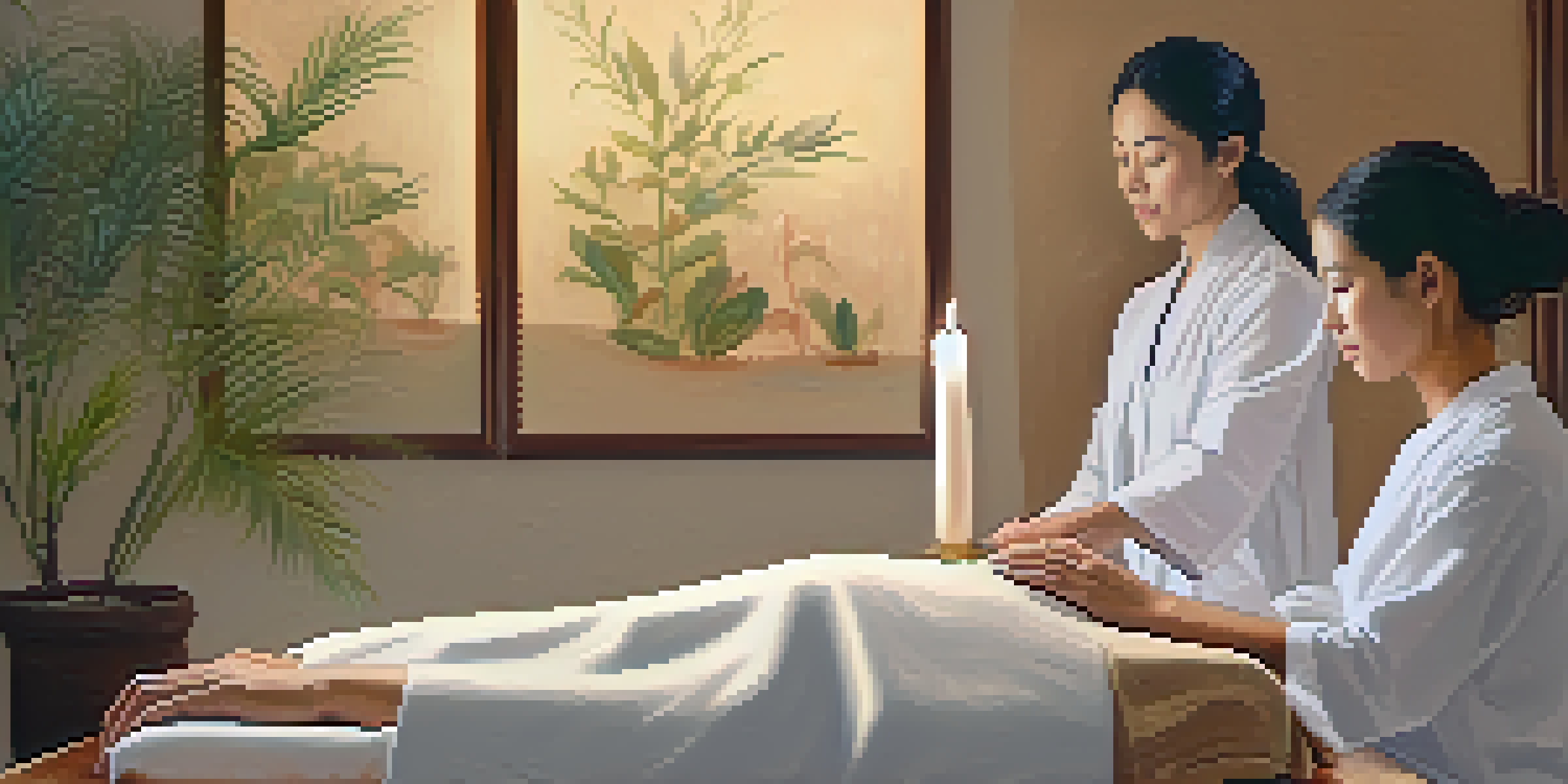 A practitioner performing Reiki on a patient in a peaceful, warmly lit room filled with candles and plants.