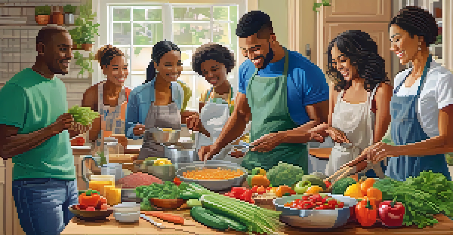 A group of friends cooking healthy meals together in a lively kitchen filled with fresh ingredients.