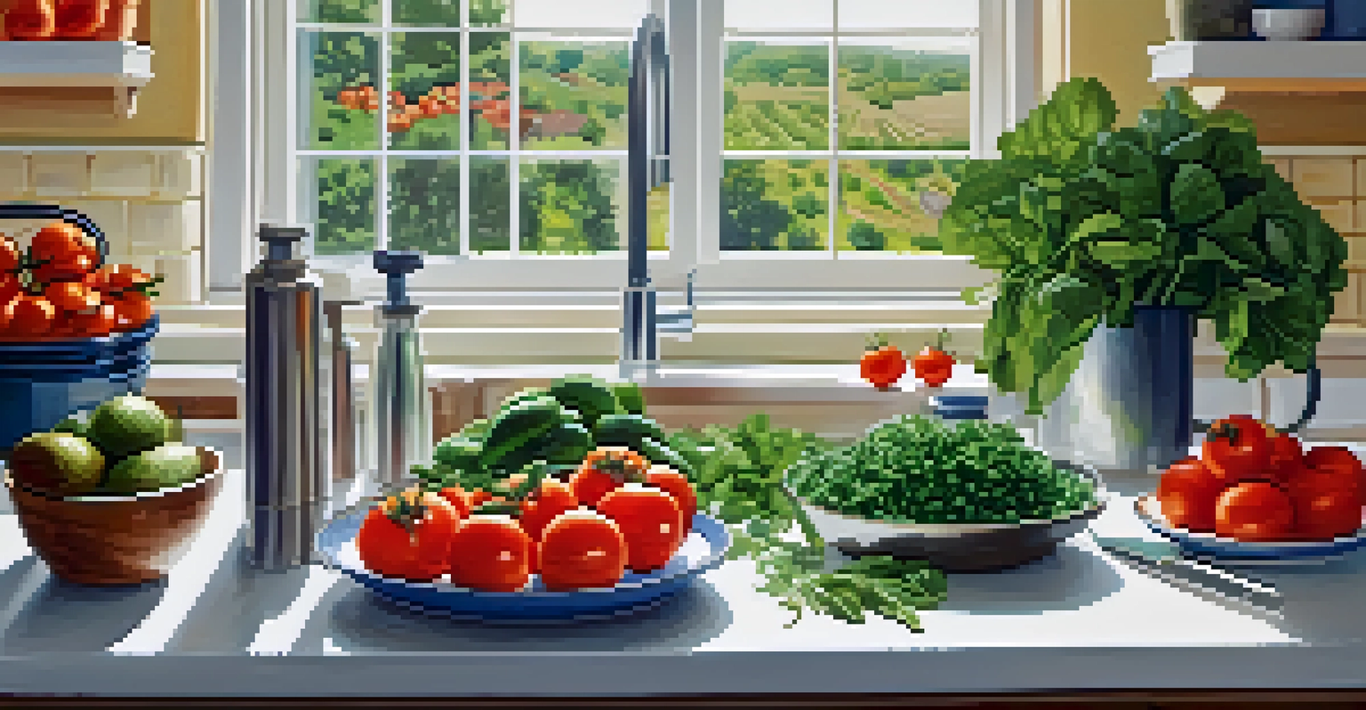 An open cookbook with fresh produce and herbs in a bright kitchen, emphasizing healthy cooking and meal preparation.