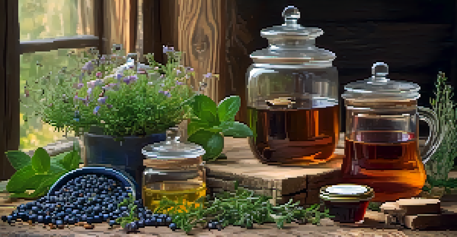 An arrangement of herbal remedies and fresh herbs on a wooden table.