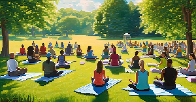 A diverse group of people practicing yoga and meditation in a serene outdoor setting, surrounded by trees and sunlight.