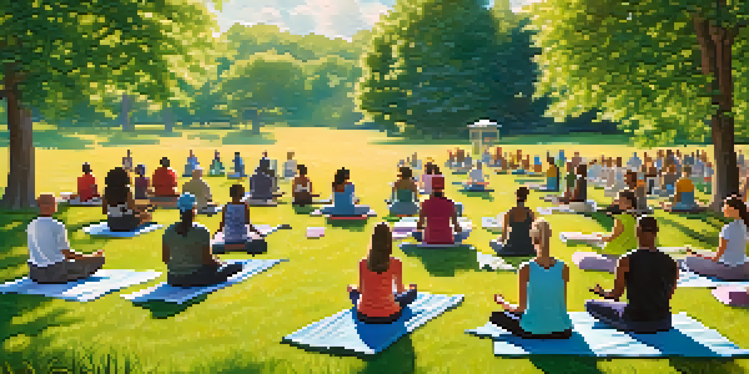 A diverse group of people practicing yoga and meditation in a serene outdoor setting, surrounded by trees and sunlight.