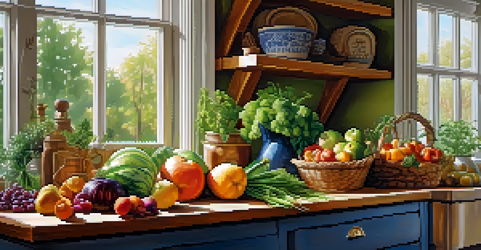 A bright kitchen with fresh organic produce on a table and herbs in pots by the window.