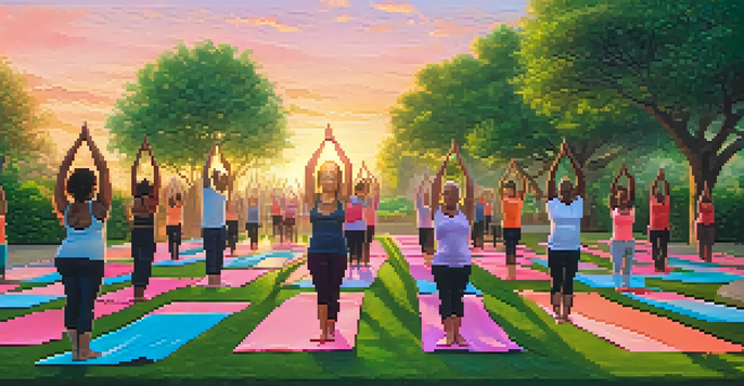 A diverse group of individuals practicing yoga outdoors at sunrise, surrounded by greenery.