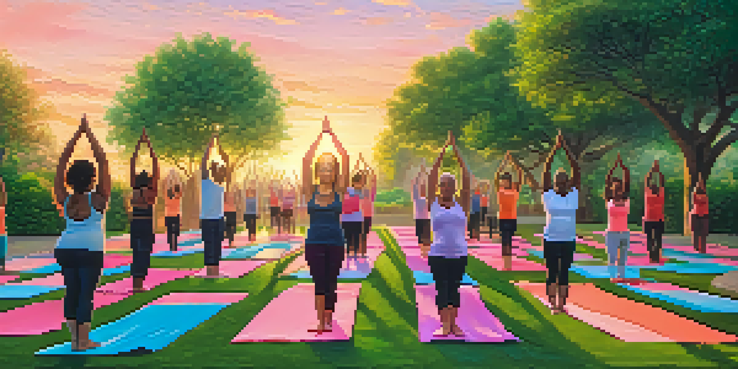 A diverse group of individuals practicing yoga outdoors at sunrise, surrounded by greenery.