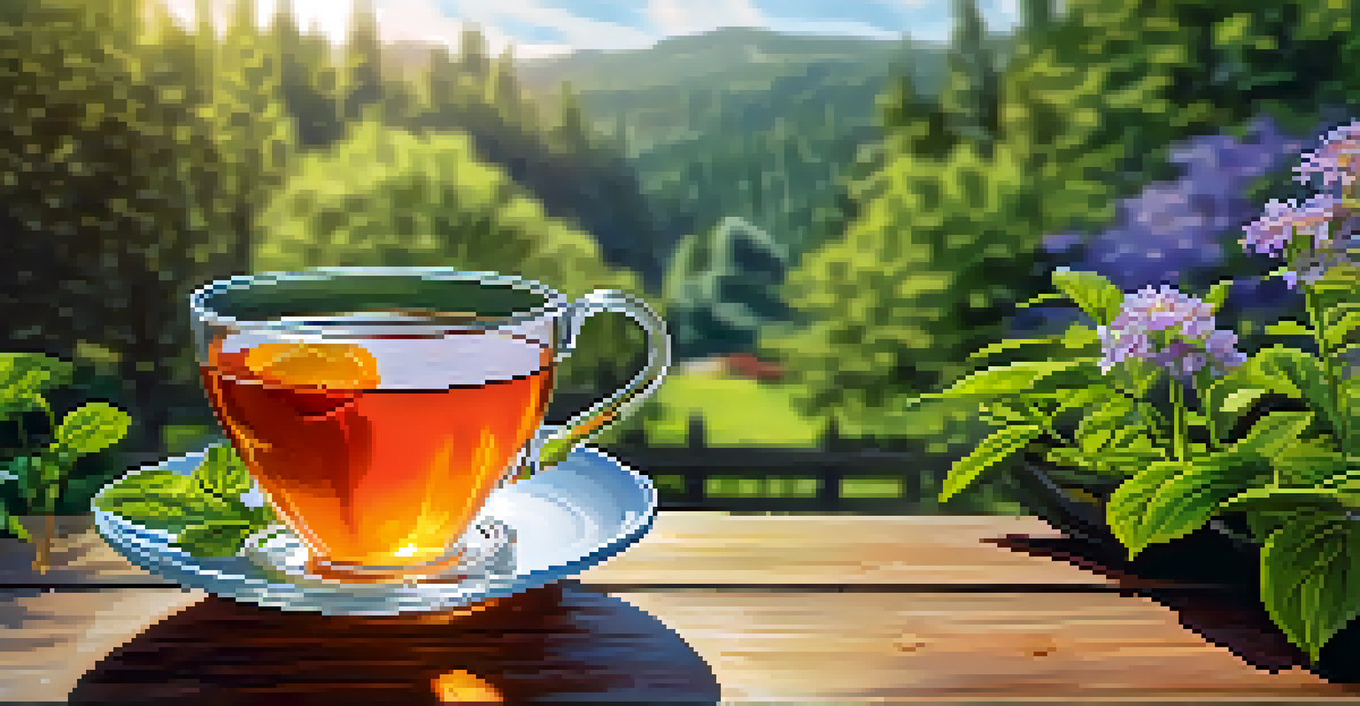 A person sipping herbal tea from a glass cup on a patio table, with a lush garden in the background.