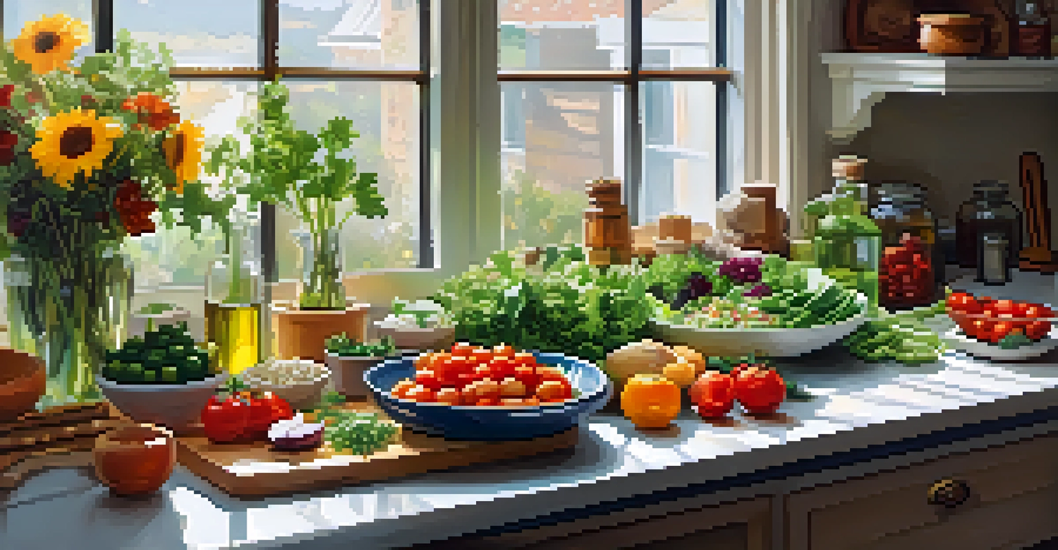 A kitchen countertop filled with fresh plant-based ingredients and a bowl of salad, illuminated by natural light.
