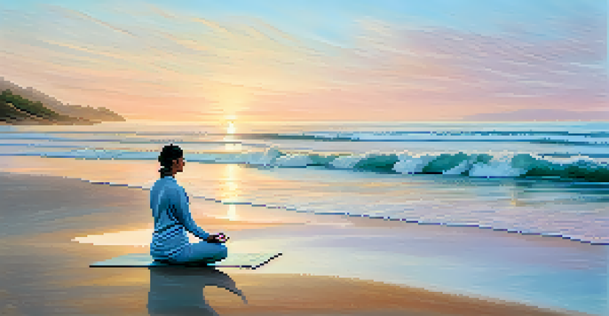 A person practicing yoga on a peaceful beach at sunrise, surrounded by soft waves and pastel colors in the sky.