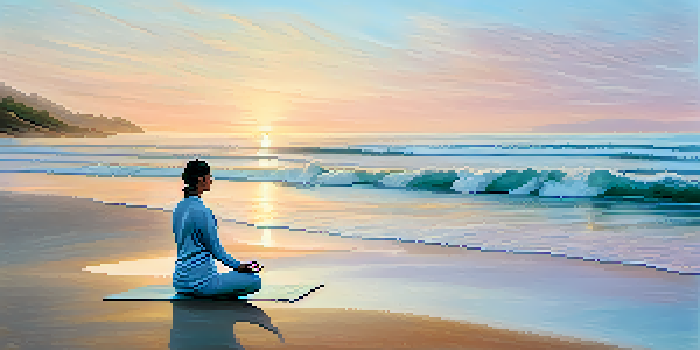 A person practicing yoga on a peaceful beach at sunrise, surrounded by soft waves and pastel colors in the sky.