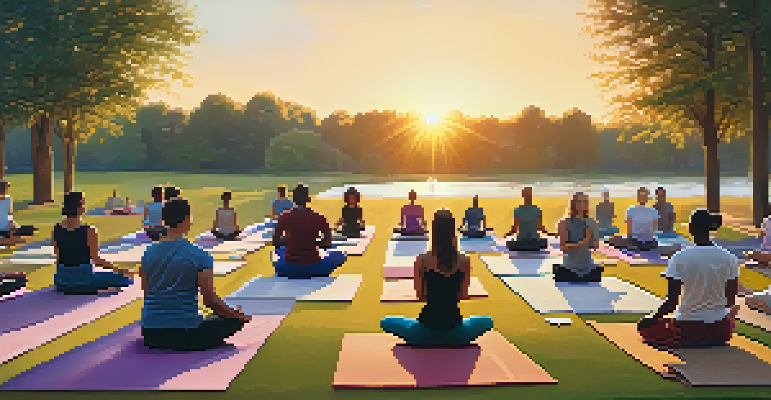 A diverse group of people practicing yoga in a park during sunset, highlighting the connection between movement and emotional health.