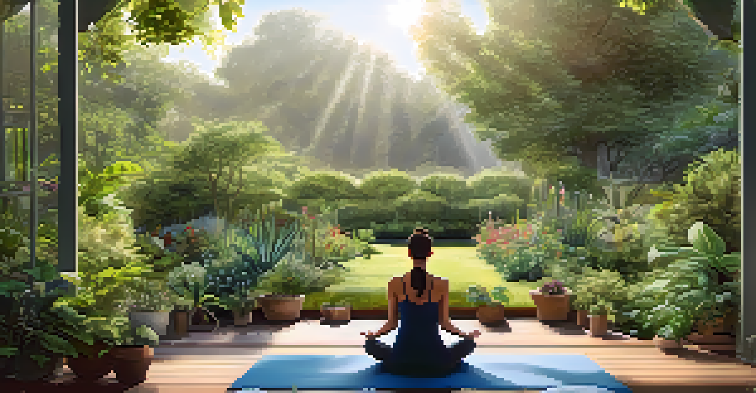 A person practicing yoga in a tranquil garden filled with medicinal plants, with sunlight filtering through the trees.