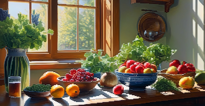 A bright kitchen filled with fresh fruits and vegetables, showcasing a healthy diet.