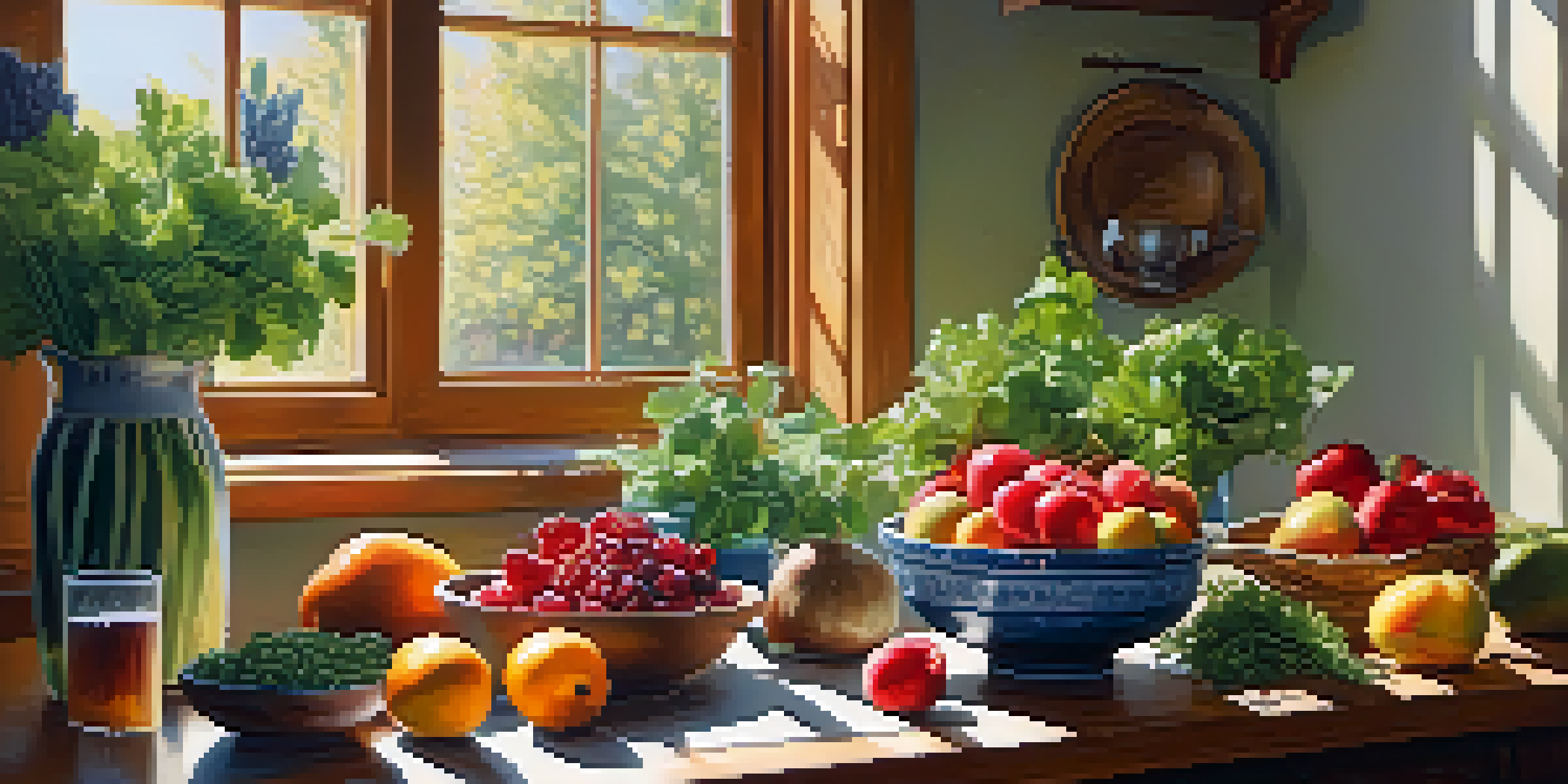 A bright kitchen filled with fresh fruits and vegetables, showcasing a healthy diet.