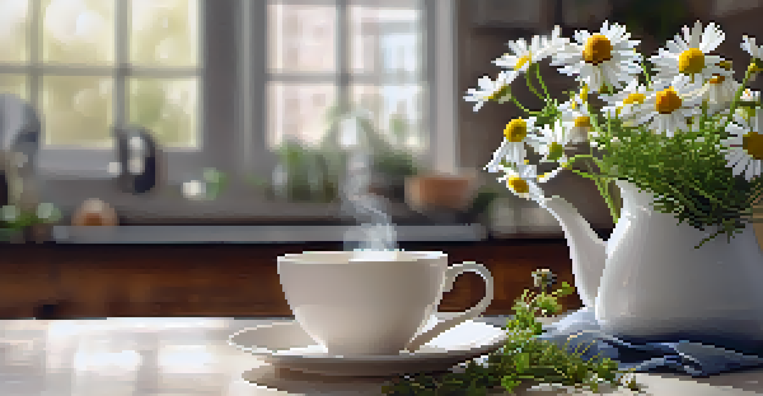A close-up of a cup of chamomile tea with fresh chamomile flowers, set in a cozy kitchen.