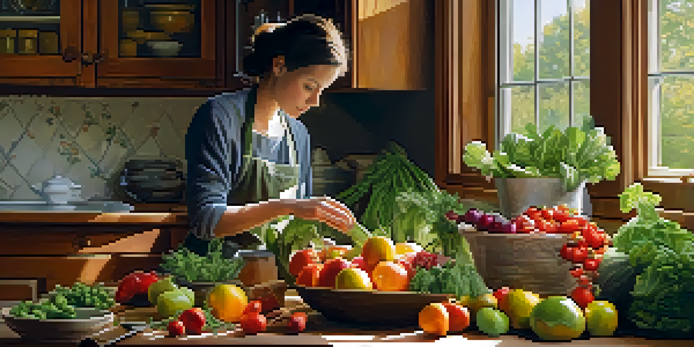 A bright kitchen with fresh fruits and vegetables on a table, a person preparing a meal, and natural light illuminating the scene.