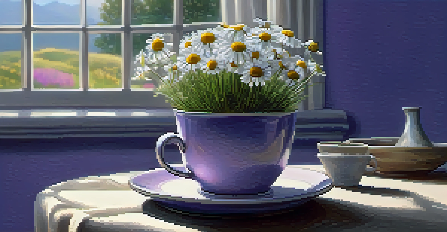 A tranquil setting with a cup of chamomile tea and dried chamomile flowers, softly lit with a lavender plant in the background.