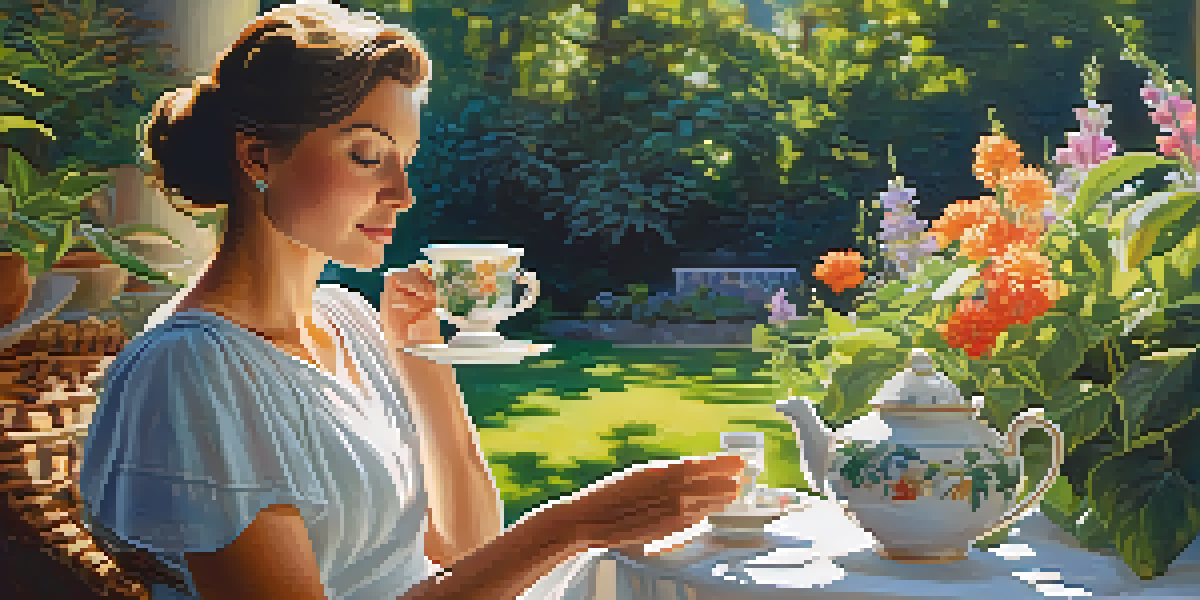 A woman enjoying herbal tea in a lush garden filled with colorful flowers and greenery, illuminated by soft sunlight.