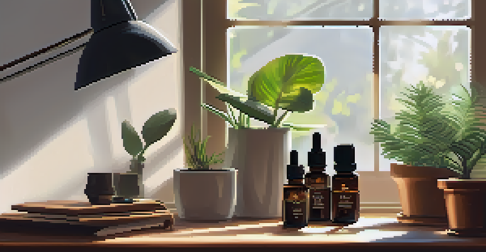 A cozy workspace with essential oil bottles and a diffuser, illuminated by warm sunlight.