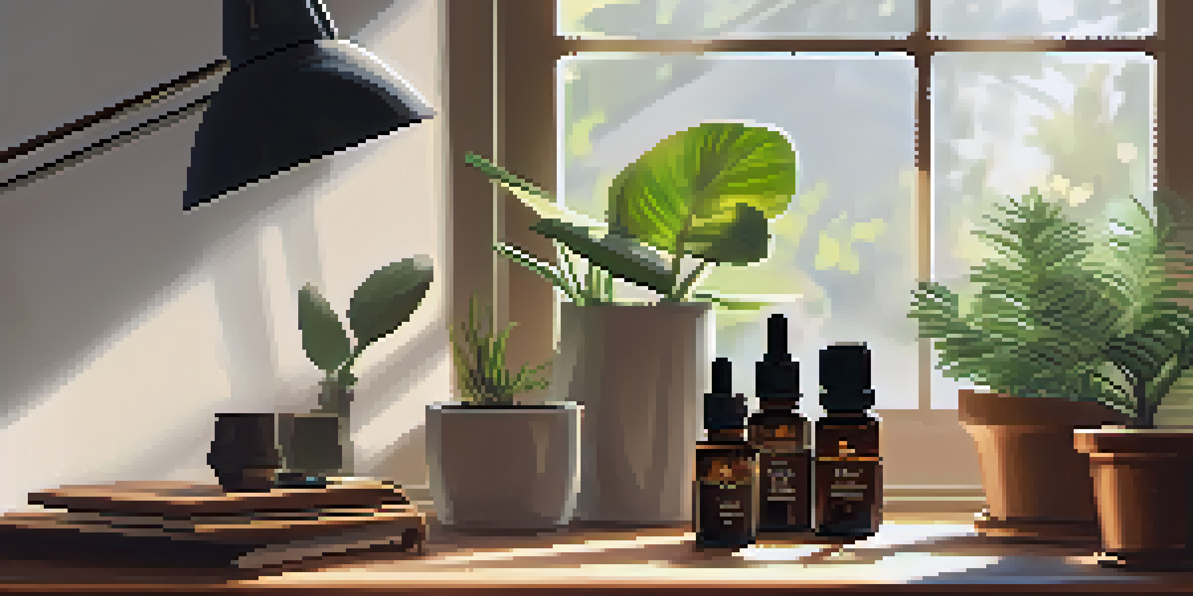 A cozy workspace with essential oil bottles and a diffuser, illuminated by warm sunlight.
