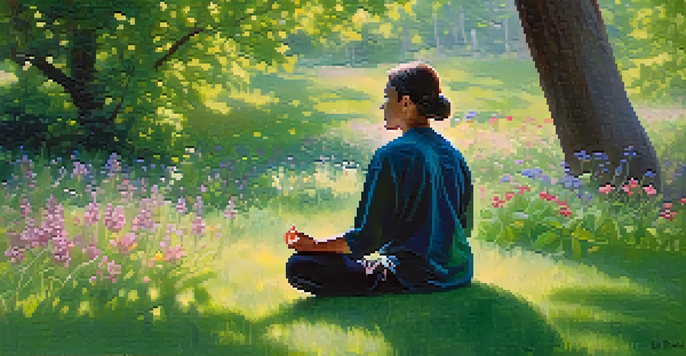 A person meditating in a green park, surrounded by wildflowers and sunlight filtering through trees.