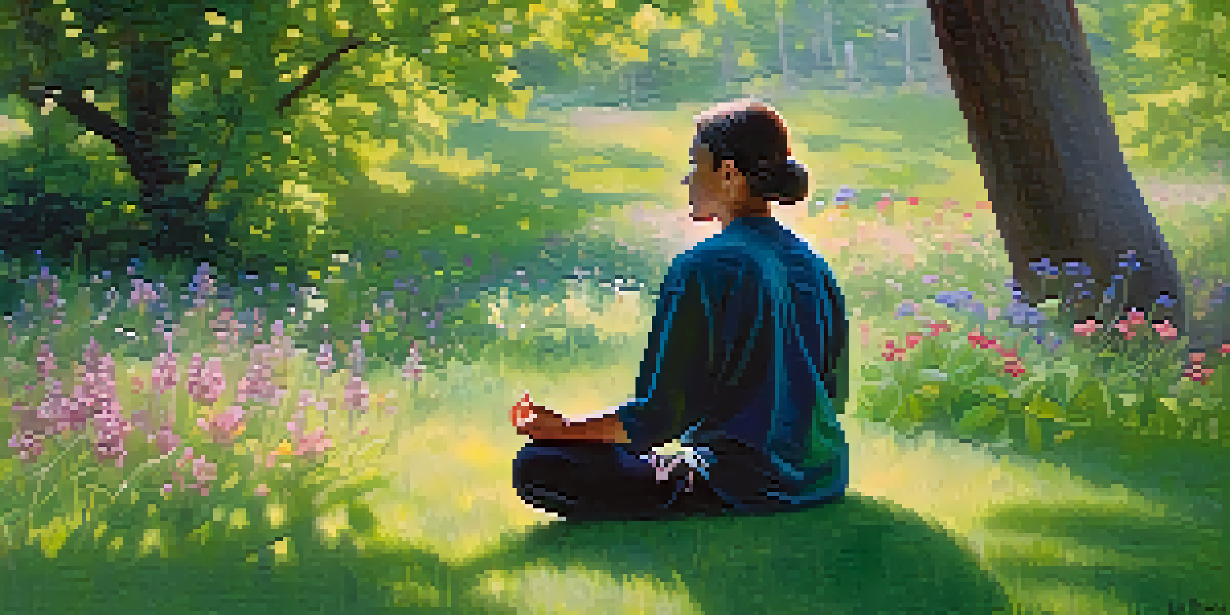 A person meditating in a green park, surrounded by wildflowers and sunlight filtering through trees.