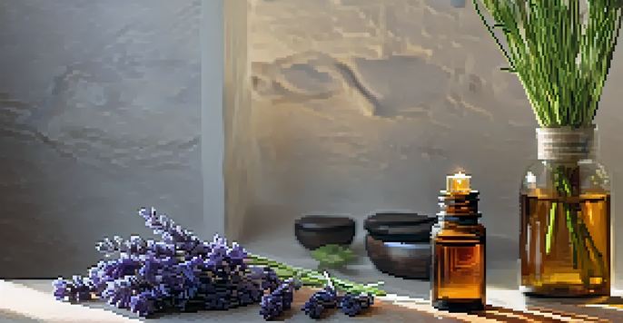 A peaceful spa setting with essential oil bottles, lavender sprigs, and a diffuser emitting mist, illuminated by soft natural light.