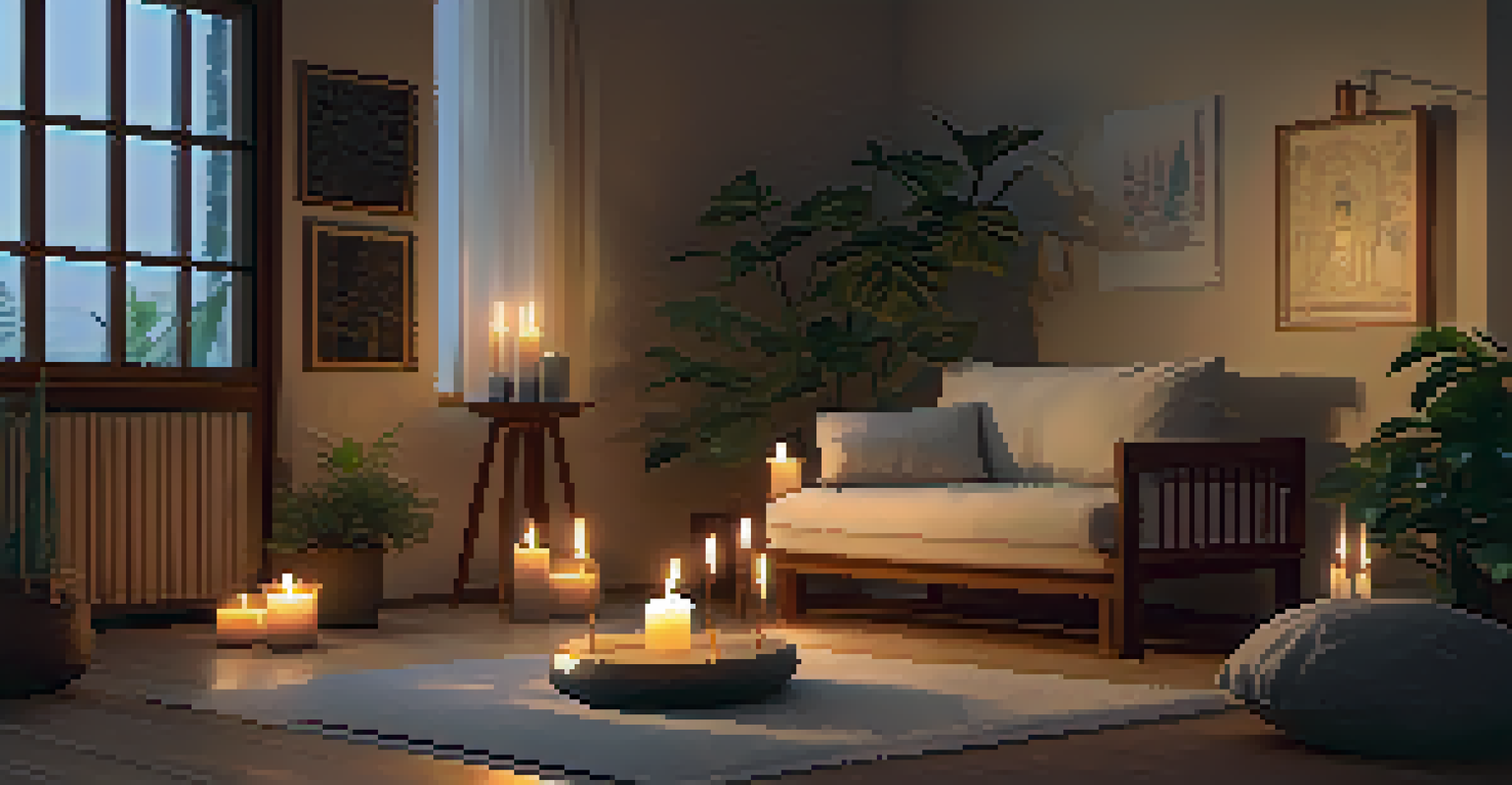 A cozy meditation corner with cushions, candles, and a person meditating in a warm atmosphere.