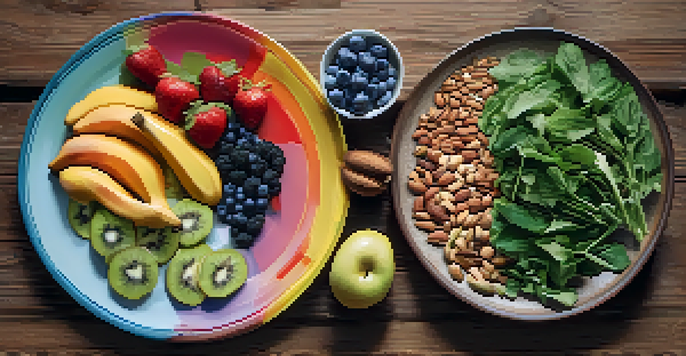 A beautifully arranged plate of organic fruits, vegetables, whole grains, and nuts on a table in a sunlit kitchen with rustic decor.