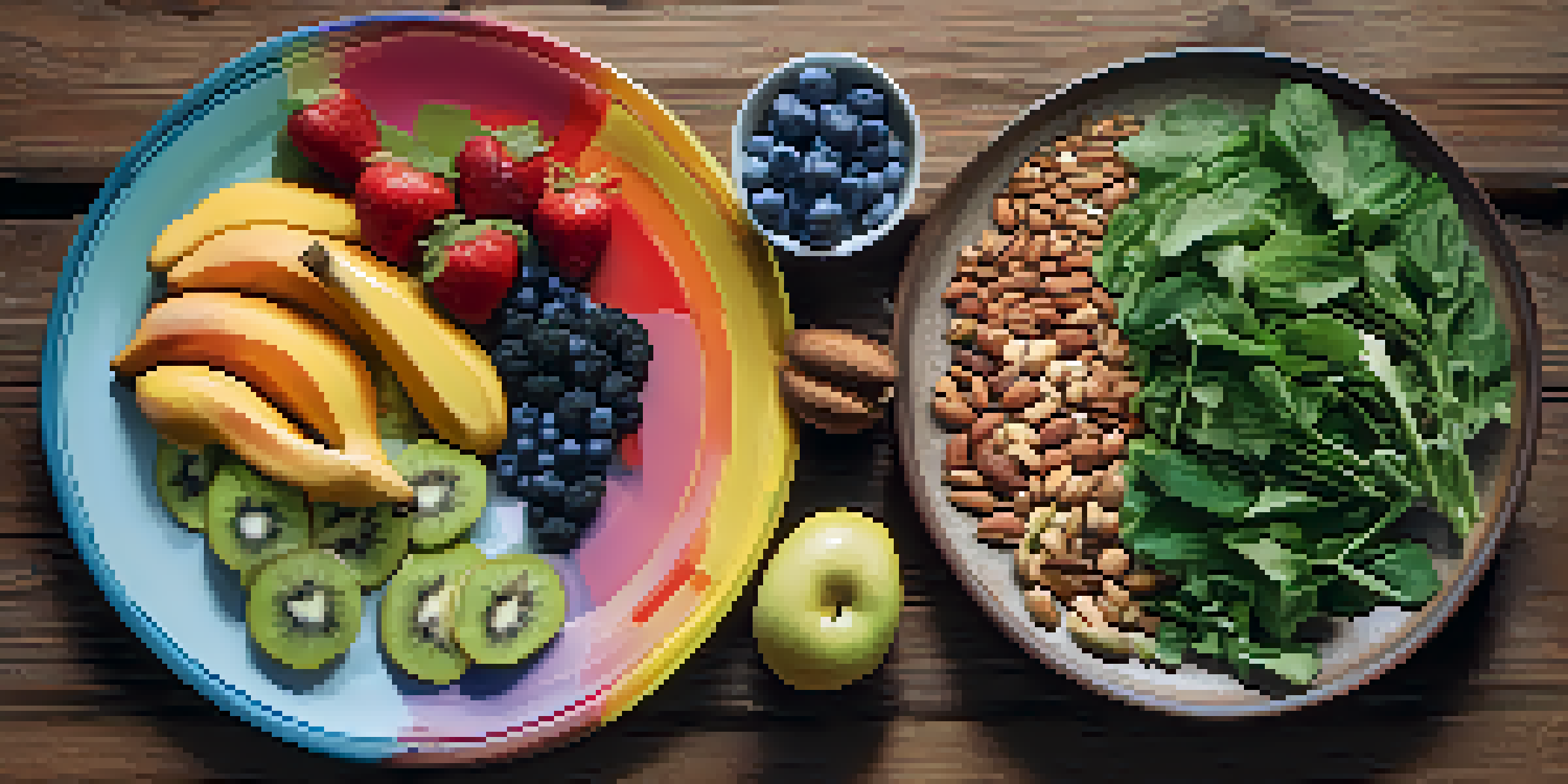 A beautifully arranged plate of organic fruits, vegetables, whole grains, and nuts on a table in a sunlit kitchen with rustic decor.
