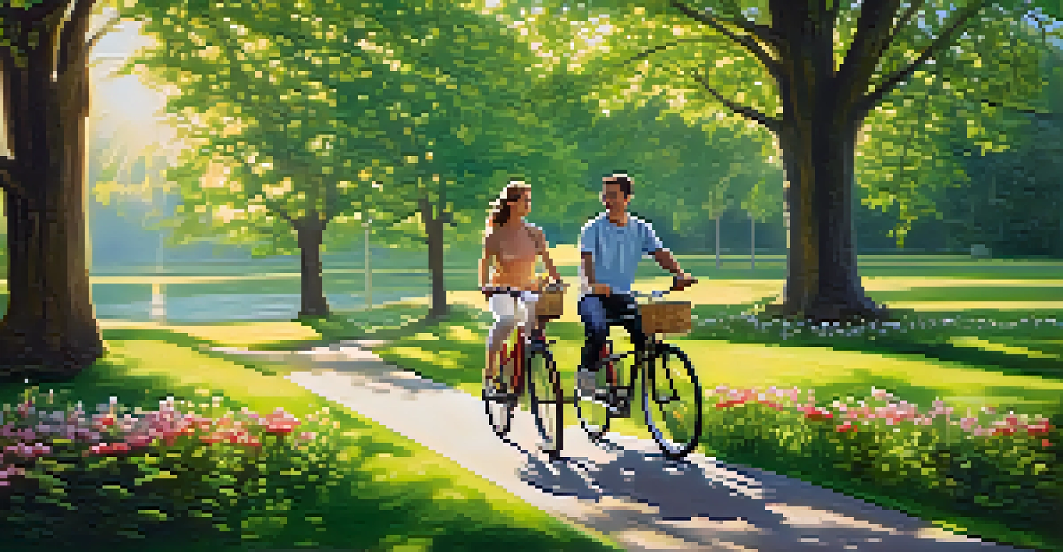 A couple riding bikes in a green park, surrounded by blooming flowers and sunlight.