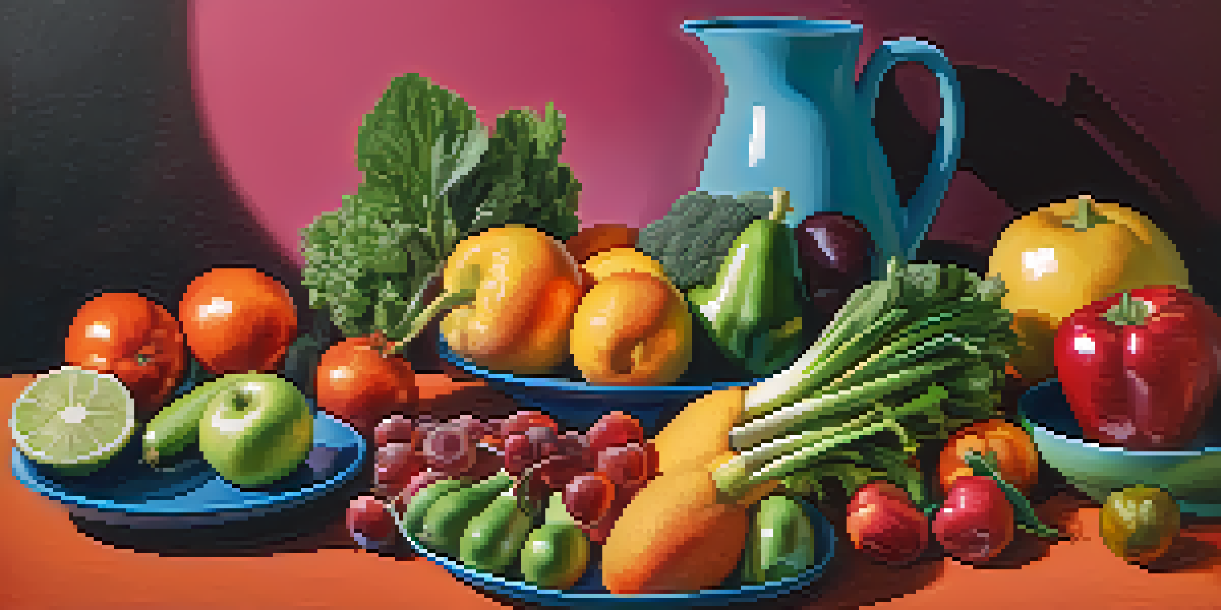 Plate of fresh fruits and vegetables with a person practicing yoga in the background.