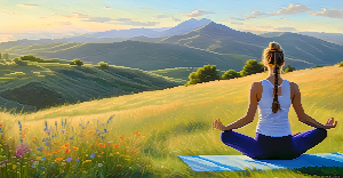 A woman practicing yoga outdoors at sunrise, surrounded by mountains and wildflowers, conveying a sense of peace and tranquility.
