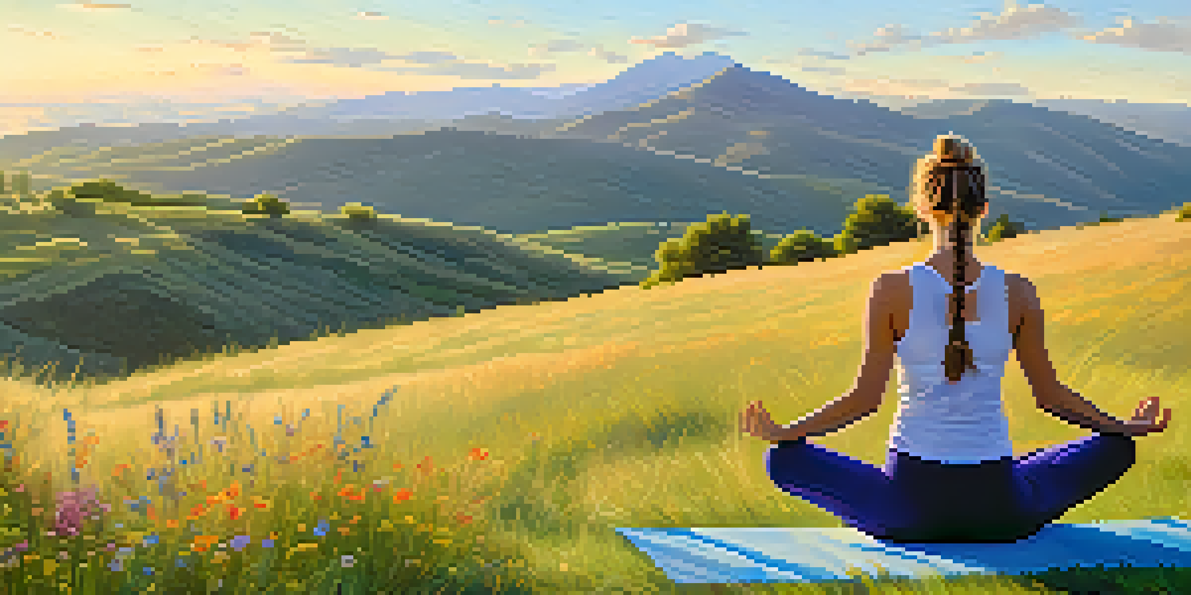 A woman practicing yoga outdoors at sunrise, surrounded by mountains and wildflowers, conveying a sense of peace and tranquility.