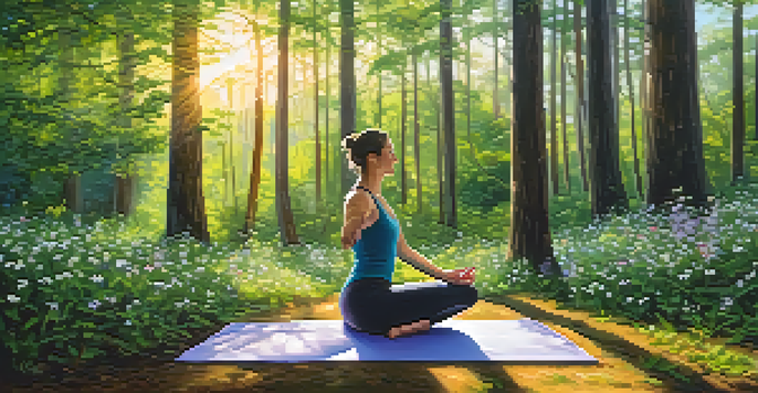 A person practicing yoga in a peaceful forest, surrounded by flowers and sunlight filtering through the trees.
