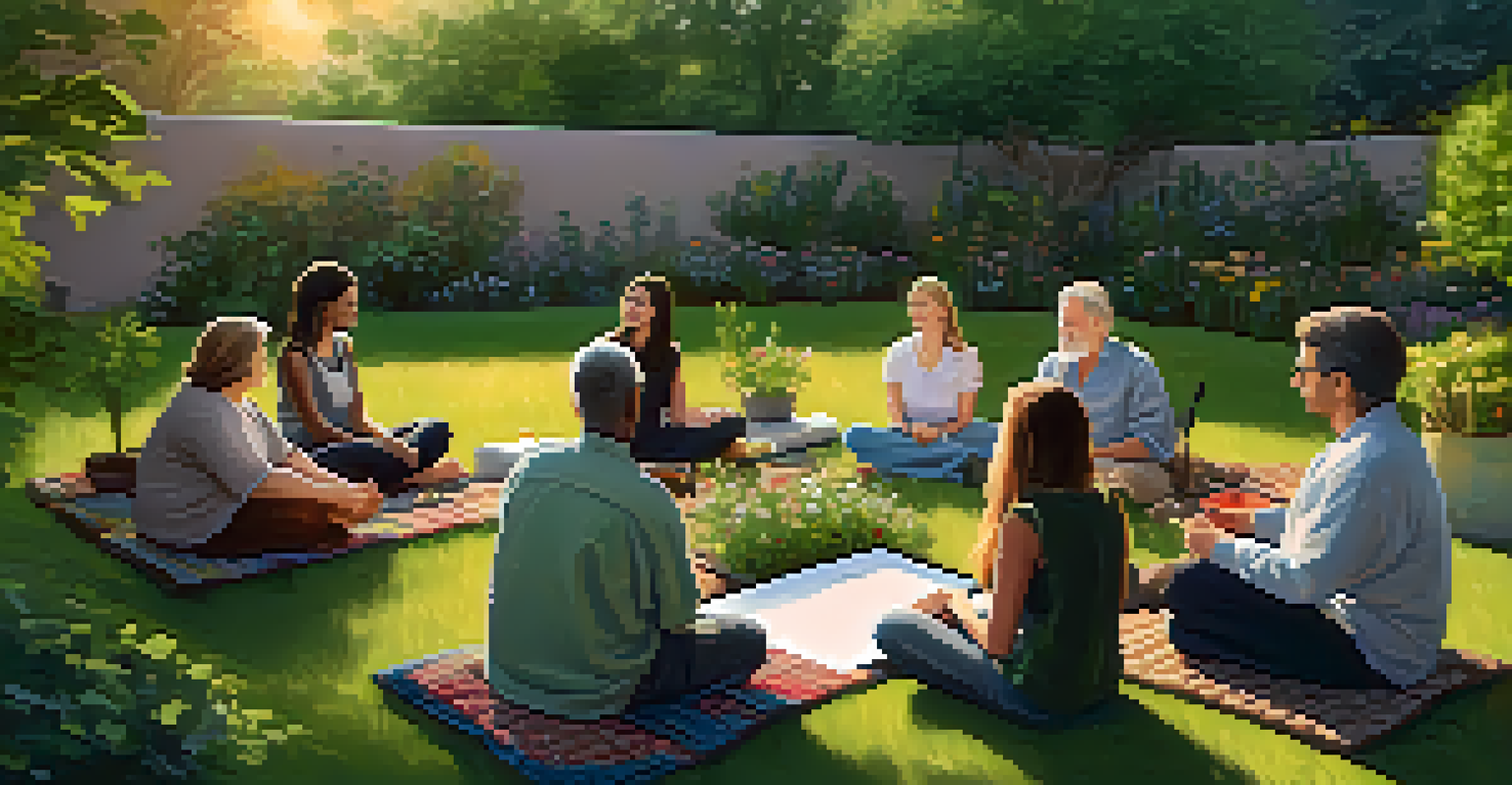A tranquil outdoor setting with a practitioner sharing a healing story to an engaged audience in a garden.
