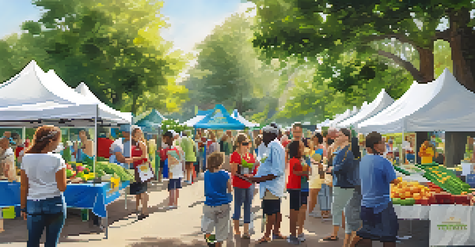 A lively community health fair in a park with booths, families engaging, and colorful banners promoting healthy living.